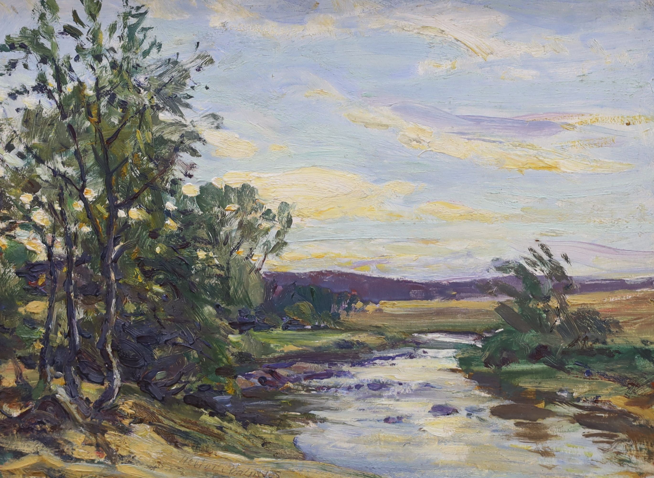 Hector Chalmers (1849-1943), oil on board, 'Above Bearsden looking towards Milgore', signed, 27 x 37cm, and another oil on board, River landscape, signed, 27 x 47cm